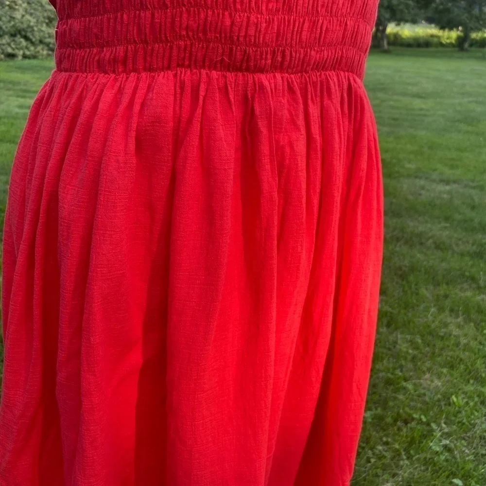 & Other Stories Red Cotton Maxi Dress Ruched Smocked Size 8